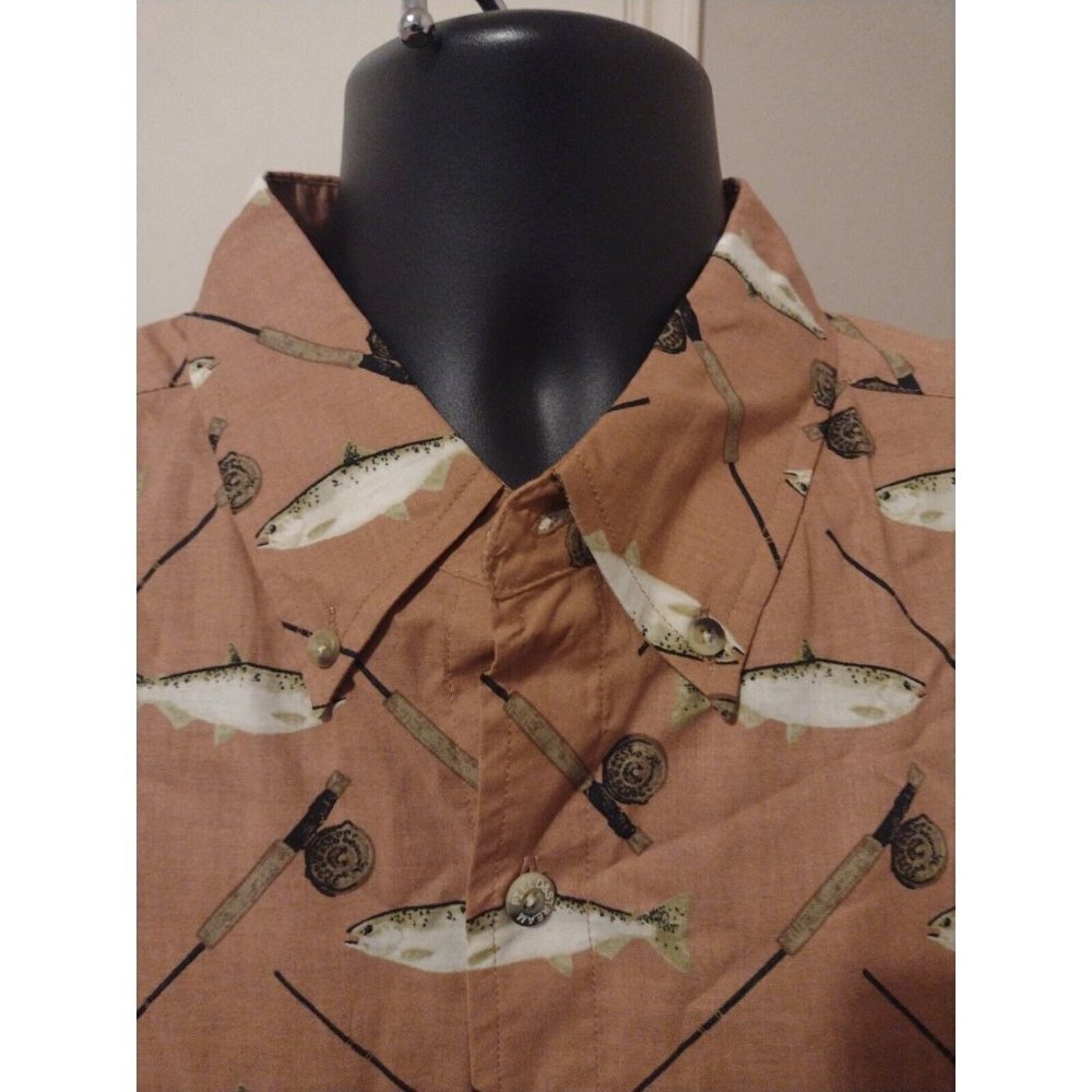 NWT New Field & Stream Long Sleeve Button Shirt Large L Fish Print Orange - Picture 3 of 10